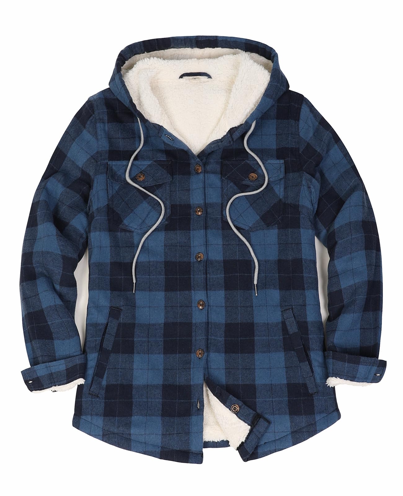 ThCreasa Damen-Flanelljacke mit Sherpa-Futter, kariert, mit Kapuze, Eingrifftaschen, Button-Down-Shirt-Jacken
