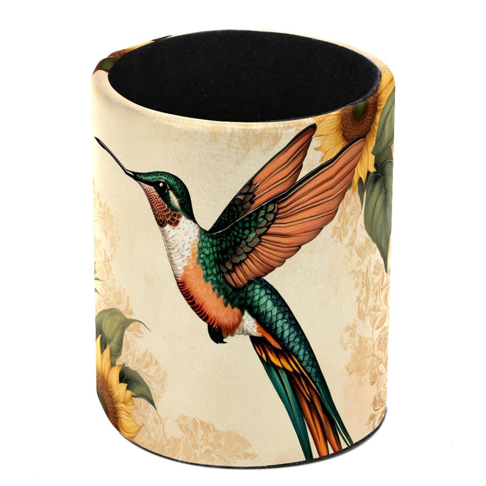 HEOEH Hummingbird Sunflower Pen Holder for Desk, PU Leather Pencil Holder Pen Cup Marker Holder Makeup Brush Holders, Desk Accessories & Workspace Organizers for Home, Office