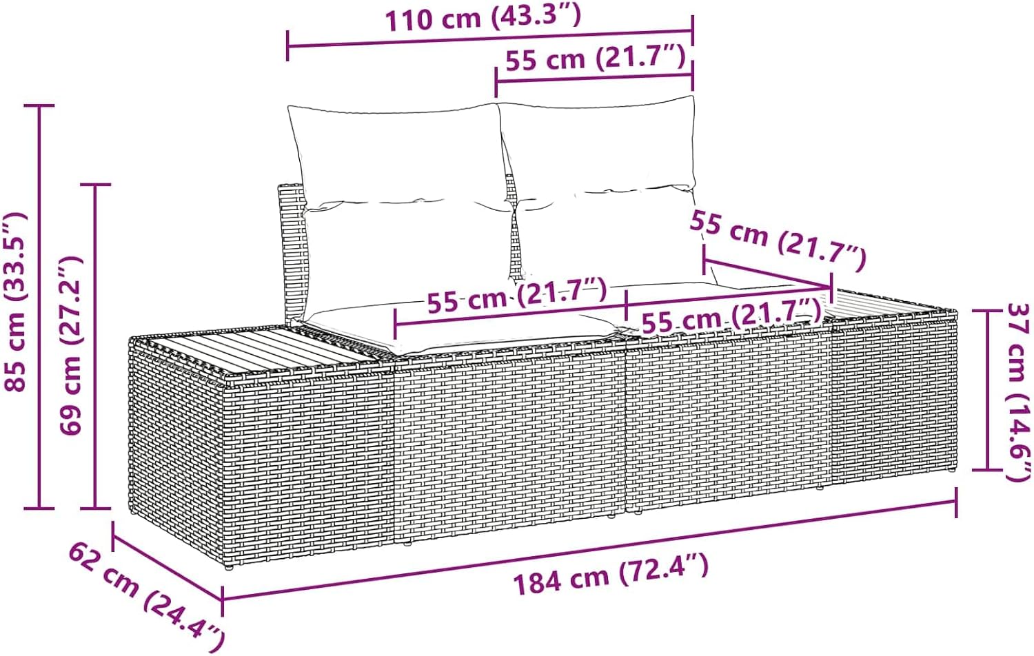 2-Seater Garden Sofa, Outdoor Patio Loveseat with Durable Poly Rattan and Steel Frame, Weather-Resistant Modern Wicker Furniture for Backyard, Balcony, Black