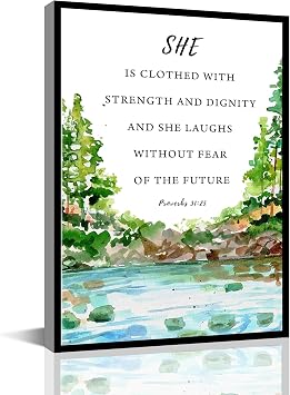 bible verses Proverbs 31 25 Decor Poster,She is Clothed with Strength and Dignity Retro Canvas Wall Art, Christian Scripture Prayer Decor,Home Living Room Bedroom Office Decor16x24inchFramed