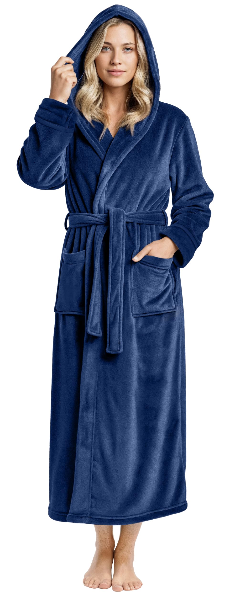 NY Threads Premium Womens Robe with Hood, Plush Fleece Long Bath Robe for Women, Fluffy Soft Women's Bathrobe, Small, Navy