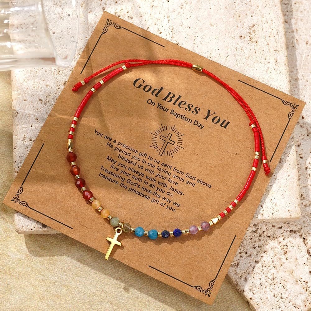 Handmade Cross Colorful 7 Charkra Gemstone Beaded String Protection Bracelets for Women,Adjustable Gold Good Luck Rope Bracelet Friendship Holiday Summer Jewelry Gift. - Image 6