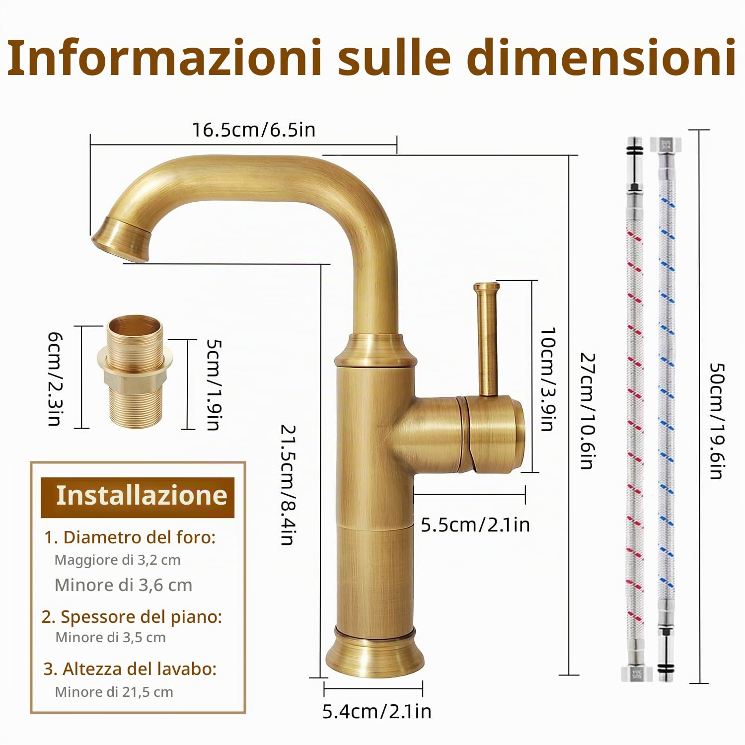 Rubinetto Alto Bagno Lavabo Ottone Antico | Retrò miscelatore monocomando, girevole a 360°, acqua calda e fredda, cartuccia ceramica, G3/8, per lavello bagno