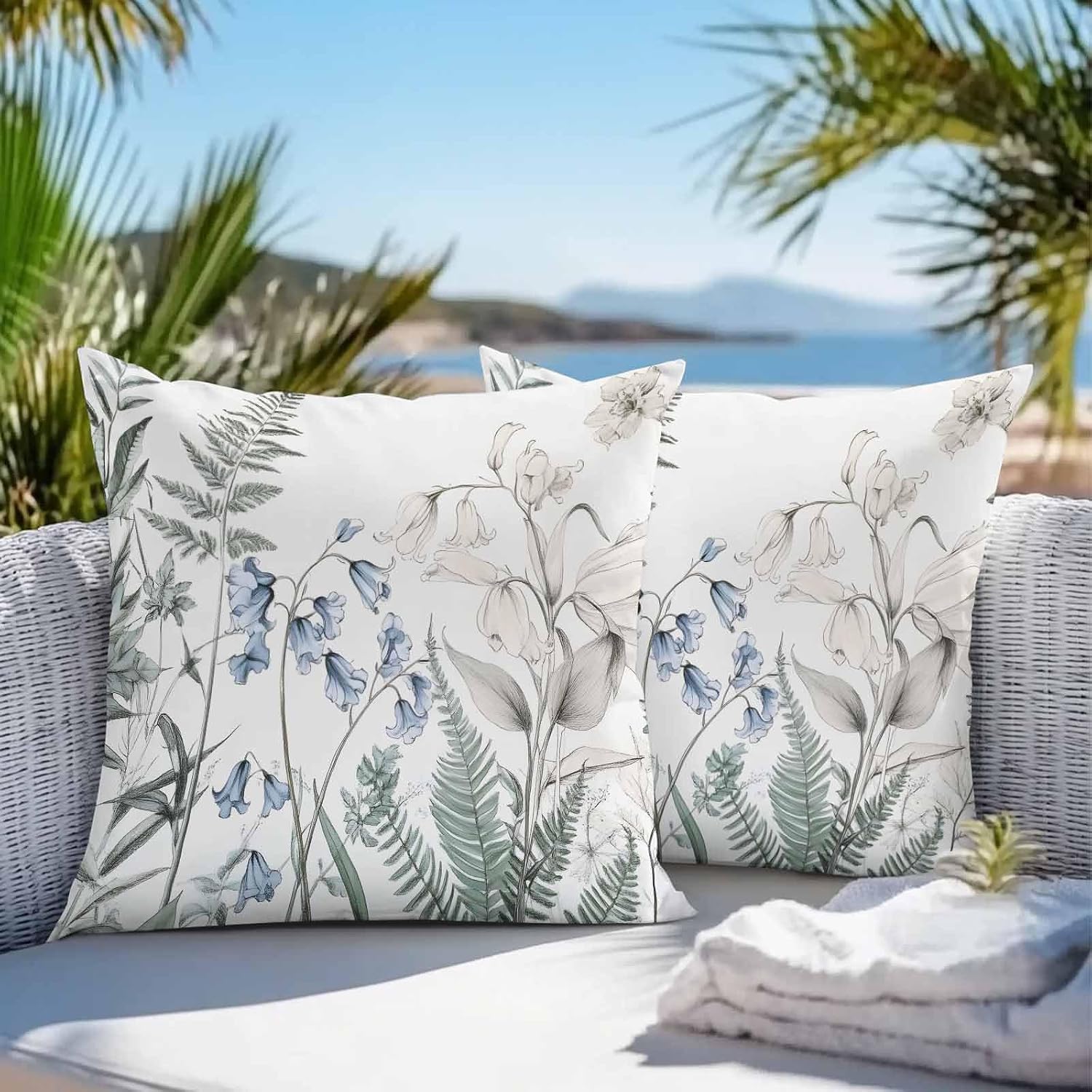 Throw Pillow Covers 20x20 Inch Set of 2, Blue Beige Floral Waterproof Outdoor Pillow Covers, Farmhouse Botanical Decorative Cushion Pillowcases for Couch, Sofa, Bed, Garden, Patio