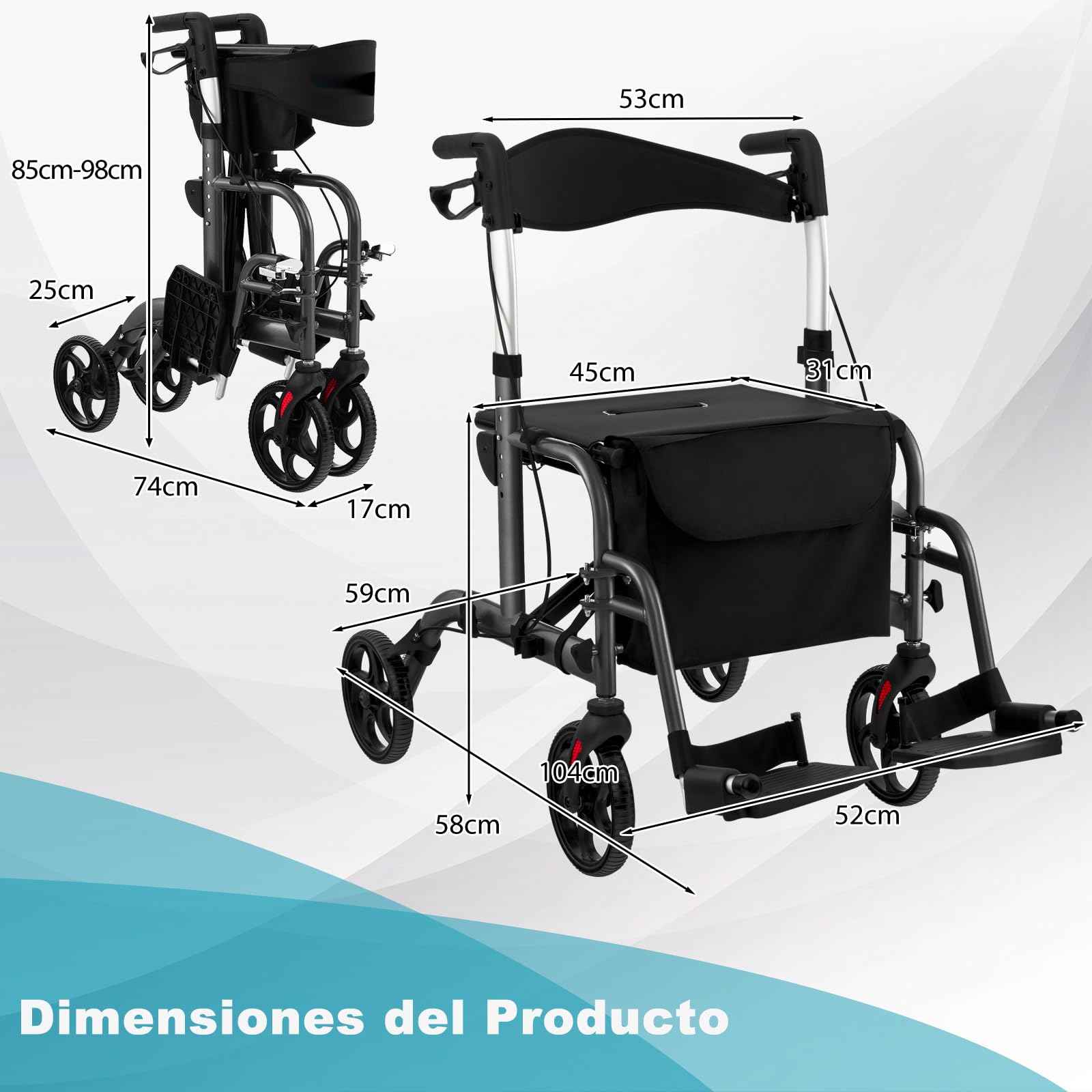 COSTWAY 2 en 1 Andador para Ancianos con Asiento, Andador Rollator Multiusos con Alturas Ajustables de 6 Niveles, Soporte para Bastón/Paraguas, Andador Plegable para Personas Mayores (Negro)