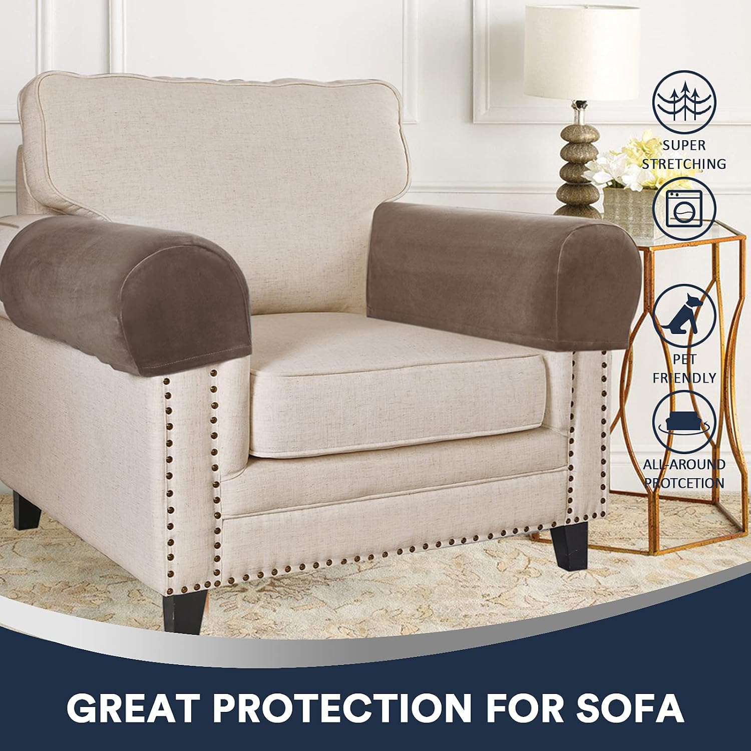 Sofa Arm Covers Stretch Velvet Plush Anti-Slip Couch Armrest Protector for Sofa Couch Chair Recliner, Set of 4, Taupe