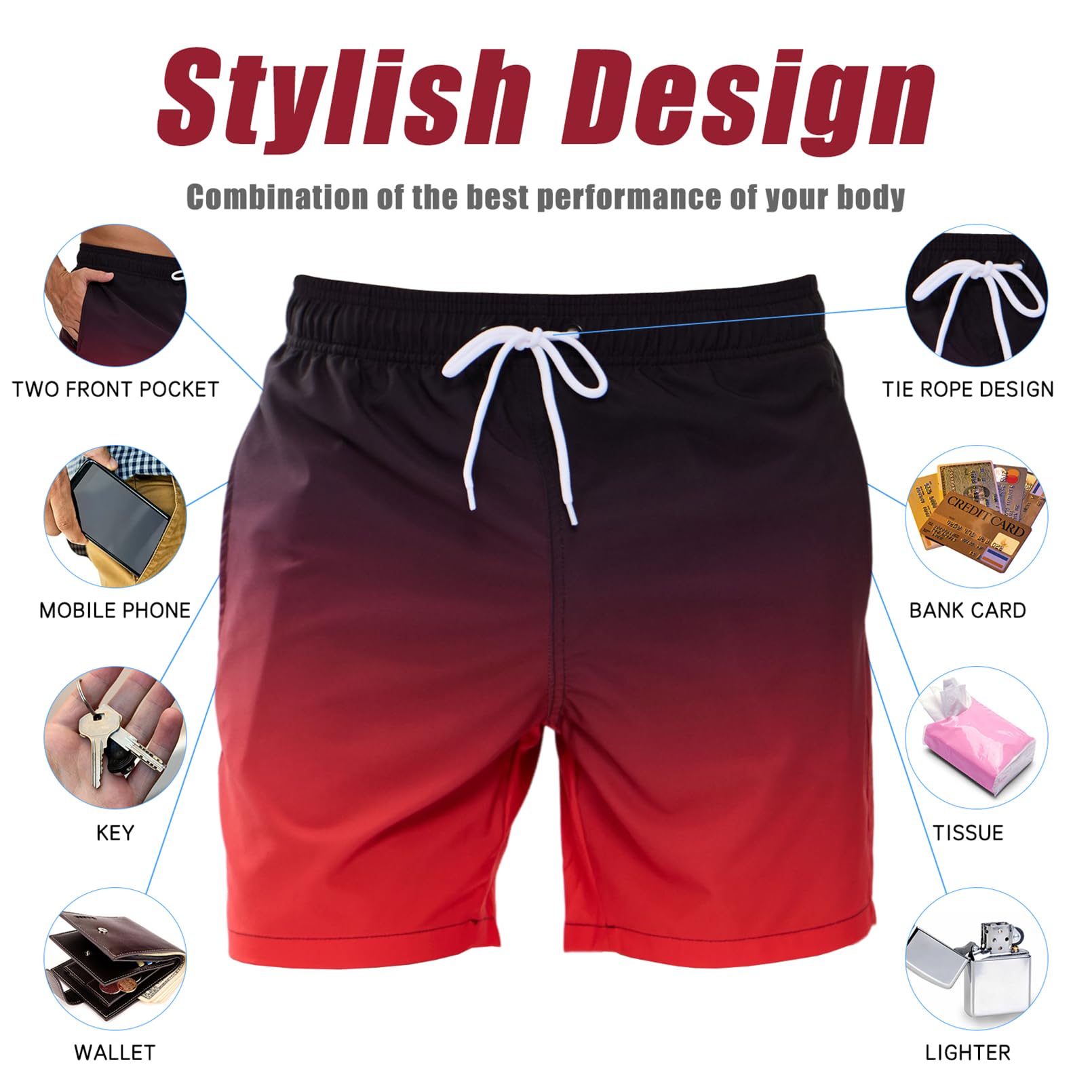 Vorvowry Costume Uomo Mare Calzoncini Asciugatura Rapida Costumi da Bagno Impermeabile Boxer con Tasca Estivi Pantaloncini Uomo Colore Sfumatore per Nuoto Corsa Fitness