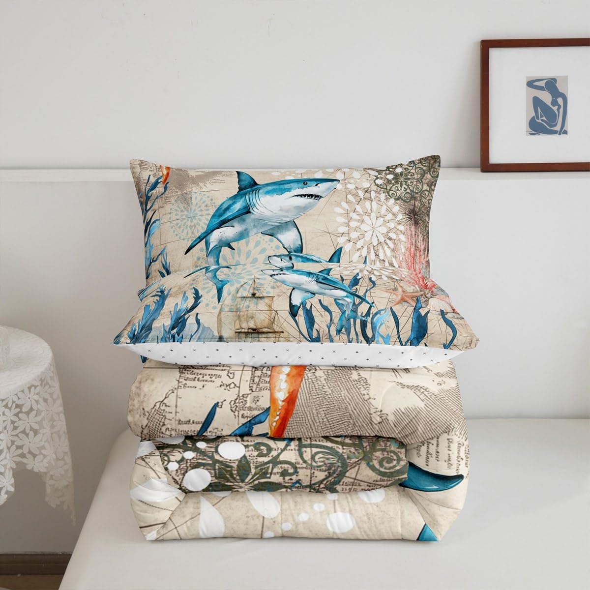 Erosebridal Sailboat Sailing Comforter Nautical Cover Comforter Set Toddler Size,2Pcs with 1 Pillowcase Ocean Animals Shark Duvet Quilt Seaweed Boho Floral Bedding Set for Boys Kids Teens Room Decor