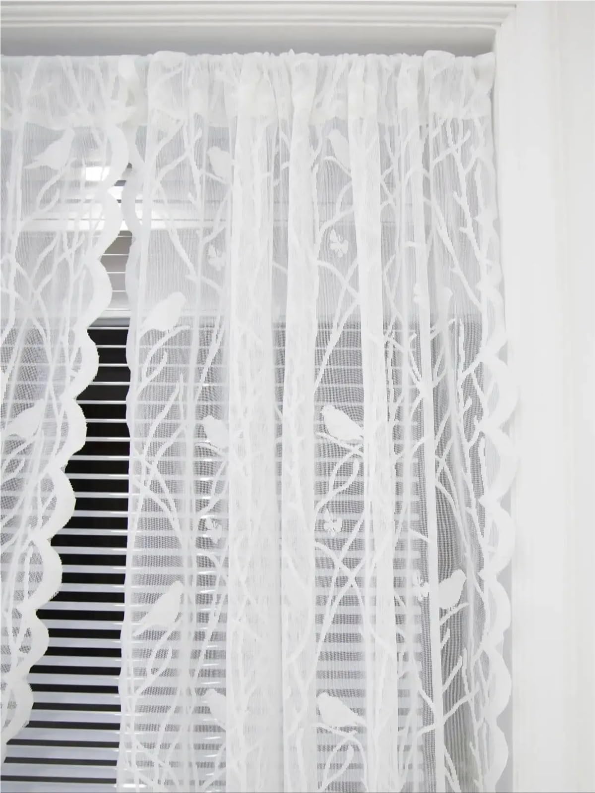 Rideau en dentelle plissé fixe brise-vue tamisant pour grande porte de salon