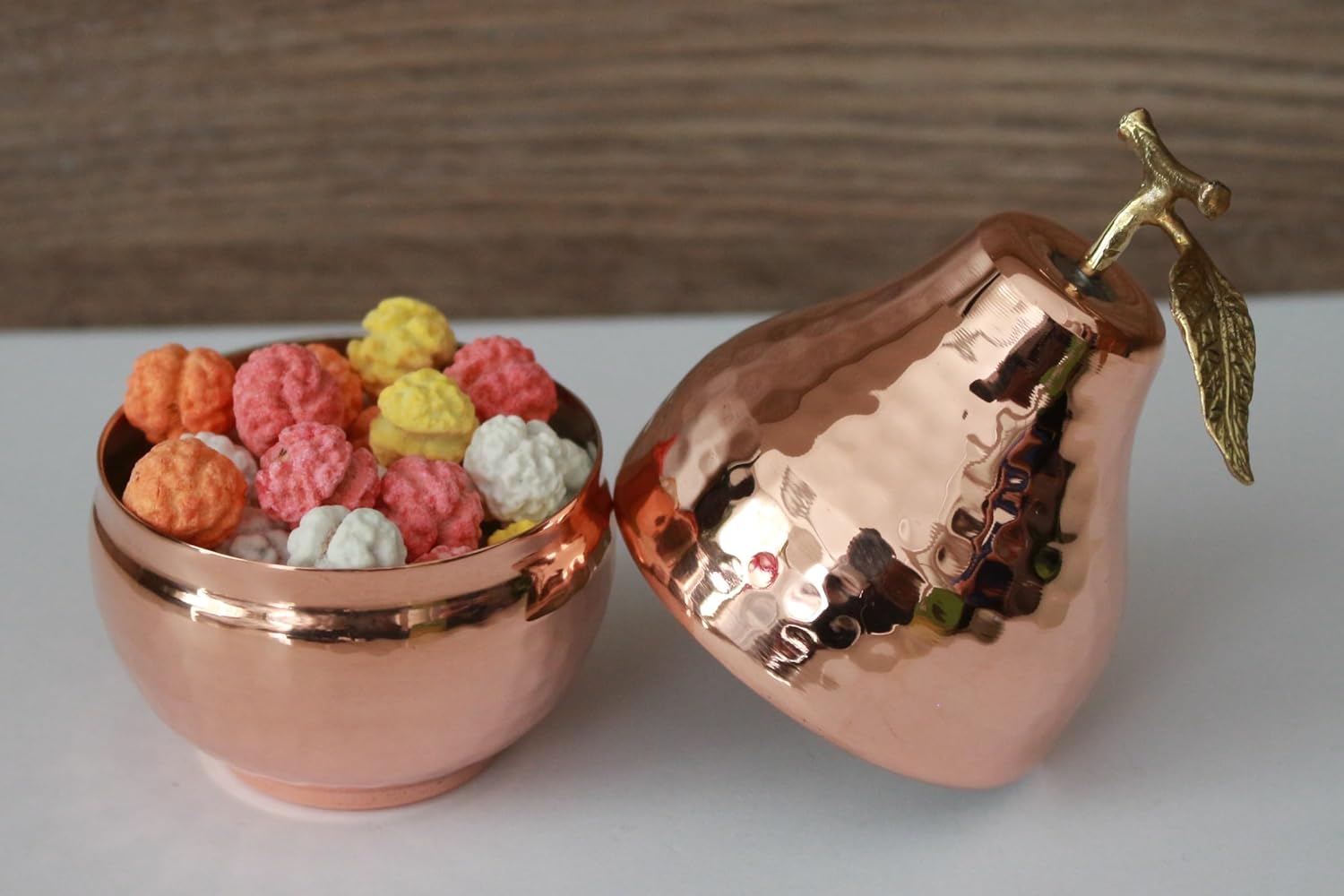 Handmade Copper mini Pear Shaped Bowl Serving Dish with Lid, Salt, Sugar Container, Candy Chocolate Bowl for Coffee Table Bar - Small Size (Diameter 2.2", Length 3.9") (Copper)