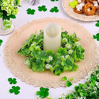 4 Pcs St. Patrick’s Day Artificial Shamrock Candle Holder Four-Leaf Clover Candle Rings Tabletop Centerpiece Wreath for Festival Party Home Decor