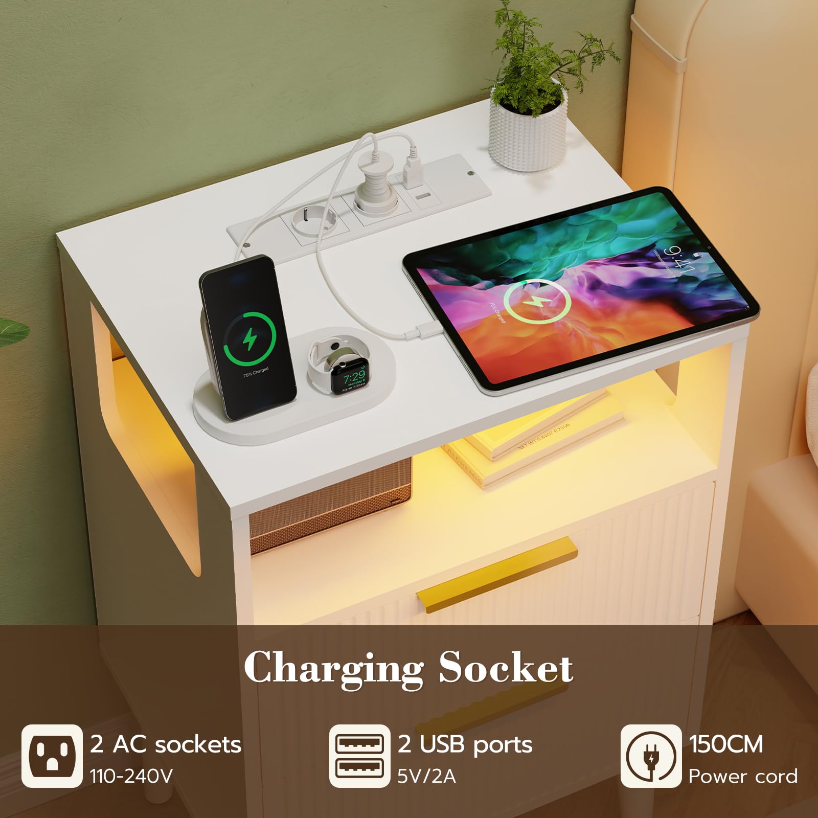 YOUDENOVA Comodini Camera da Letto, Elegante Tavolino Salotto con Presa Elettrica Integrata e Illuminazione a LED, 2 Cassetti e Scomparto, 2 Porte USB, 30 x 40 x58 cm, Bianco