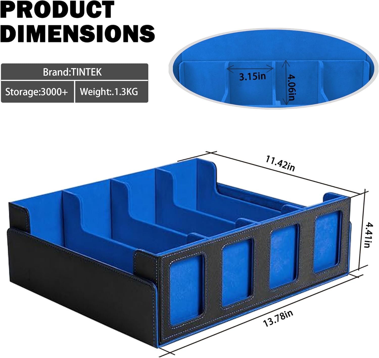4-Row Trading Card Storage Box – Holds 3000+ Cards – Commander Display Slot, Magnetic Removable Lid, PU Leather Deck Box – Compatible with MTG Commander, TCG, (T2400Black&Blue)