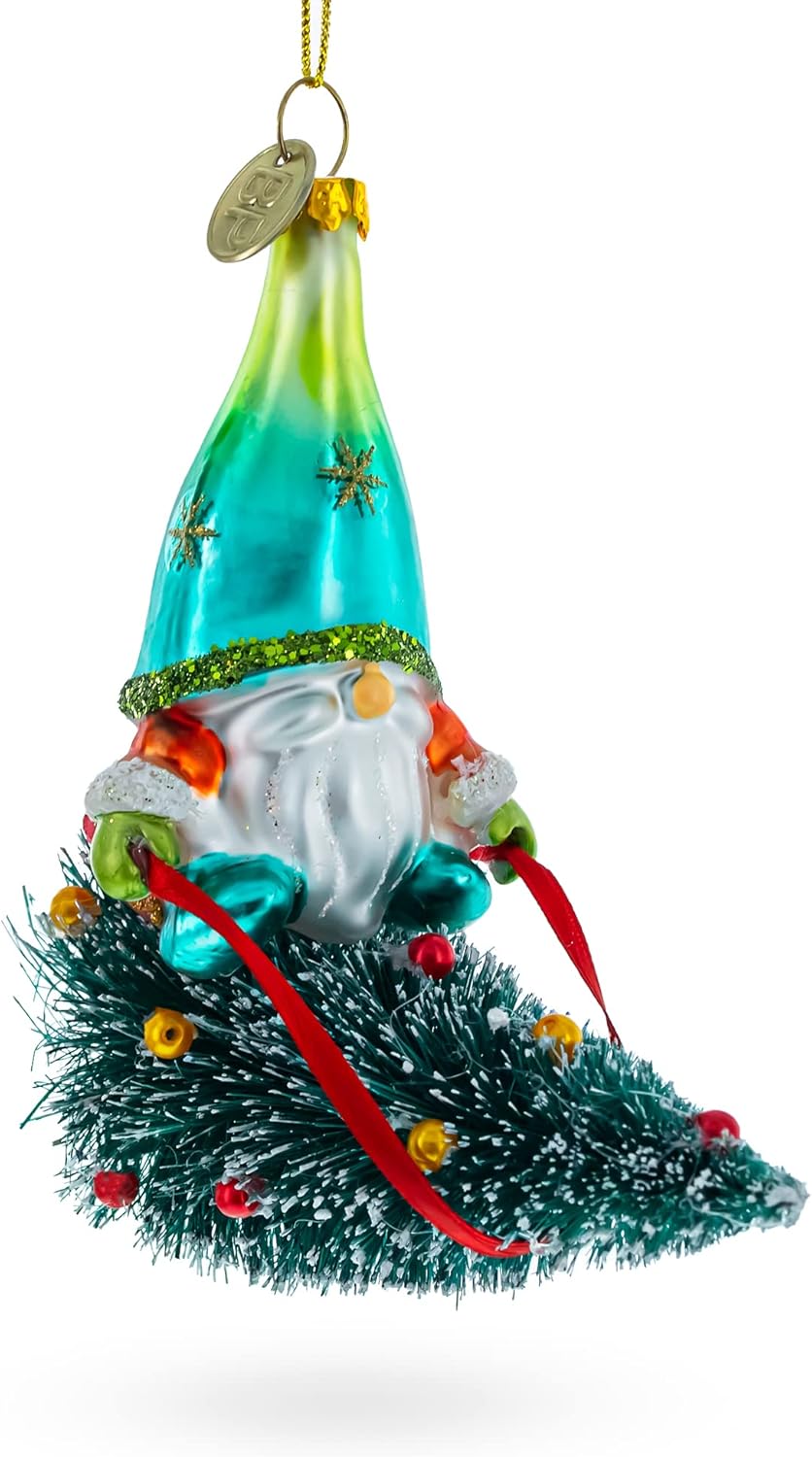 Gnome Adventurer Riding a Festive Tree Blown Glass Christmas Ornament - Image 6