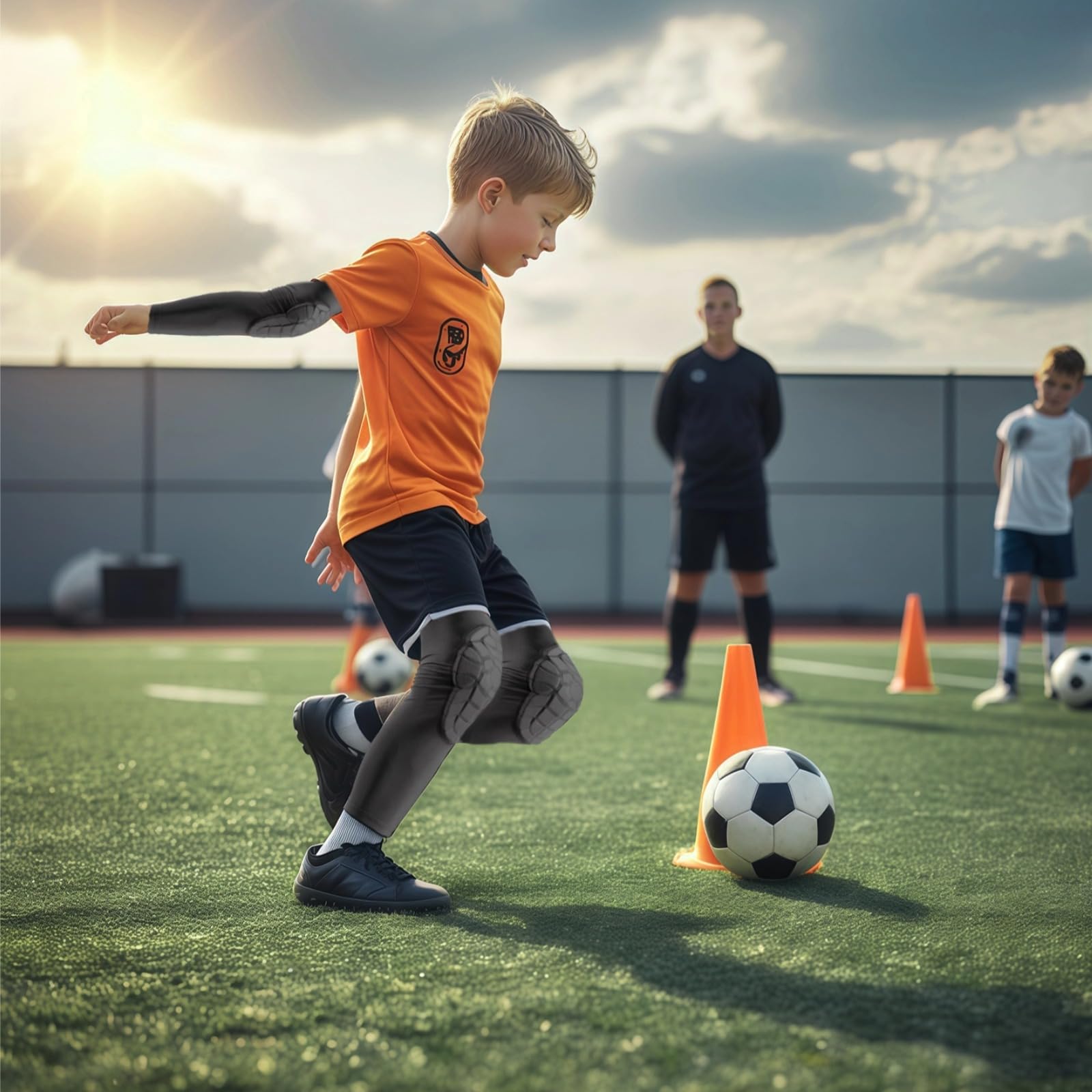Genouillères de football pour jeunes, rembourrage EVA respirant, ensemble noir de genouillères et coudières pour cyclisme et course, taille M