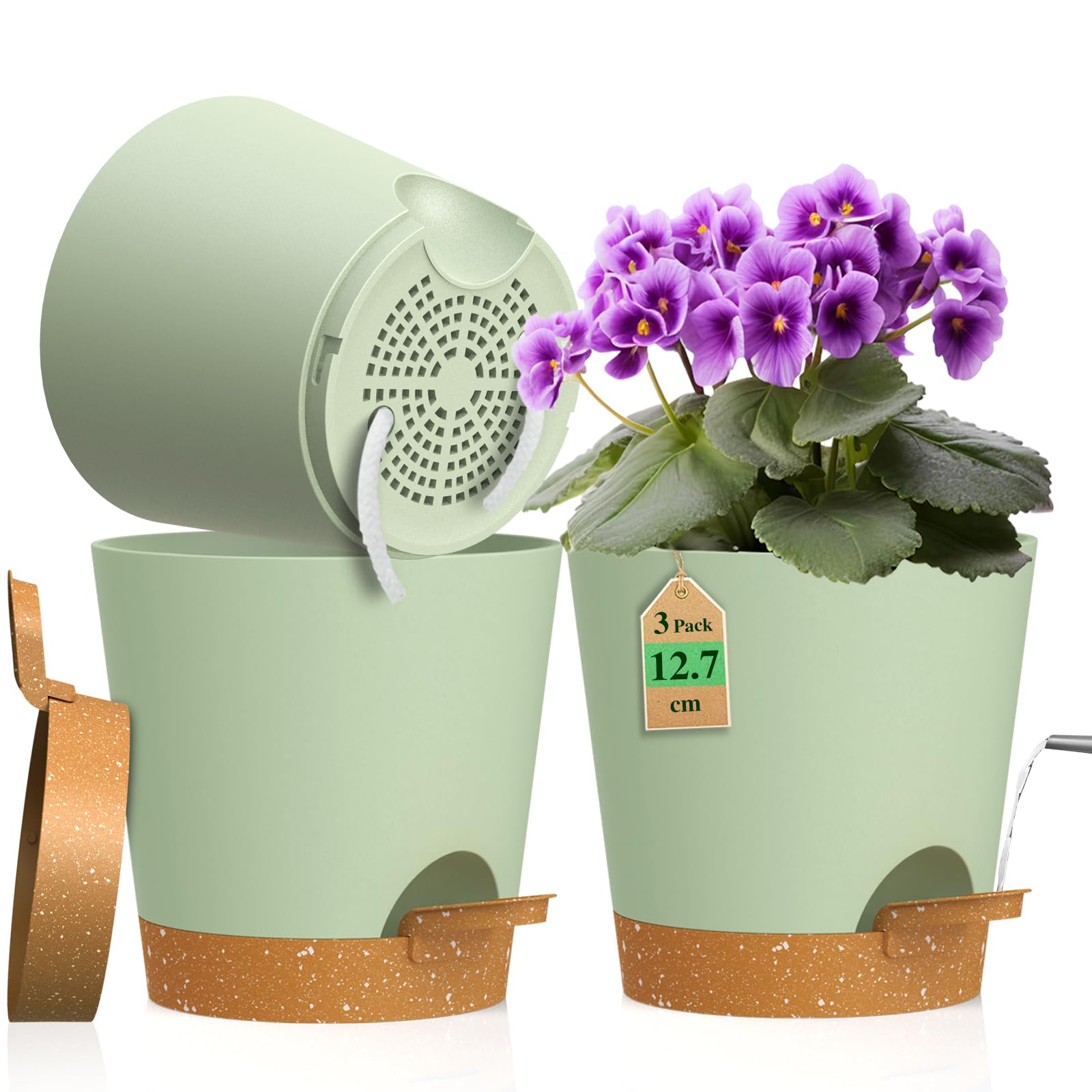 WSMKSZ 12.7 cm Self Watering Plant Pots Indoor, 3 Pack 5 inch Thick Plastic Flower Pots with Drainage Holes & Removable Reservoir, Small Nursery Pots with Cotton Wick for House Plants, Green Brown