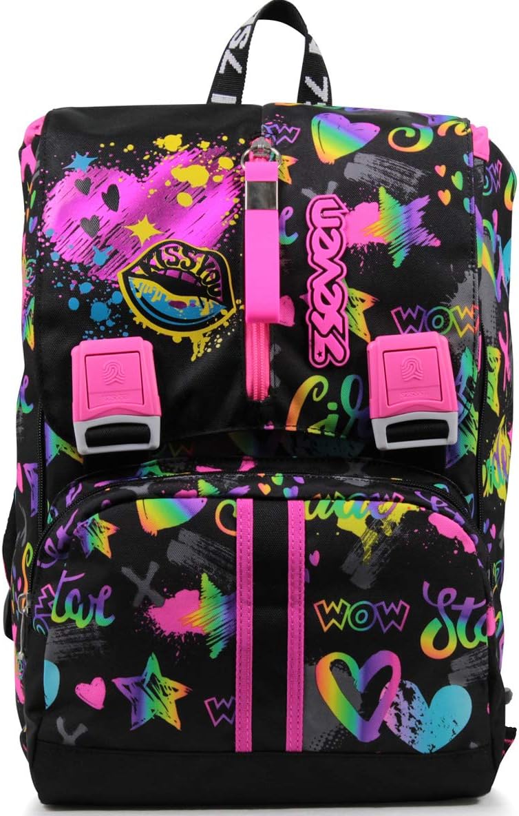 Seven Extendable Backpack, Iridescent, Black, Elementary and Middle School, Nero, 41x28x16 cm aperto