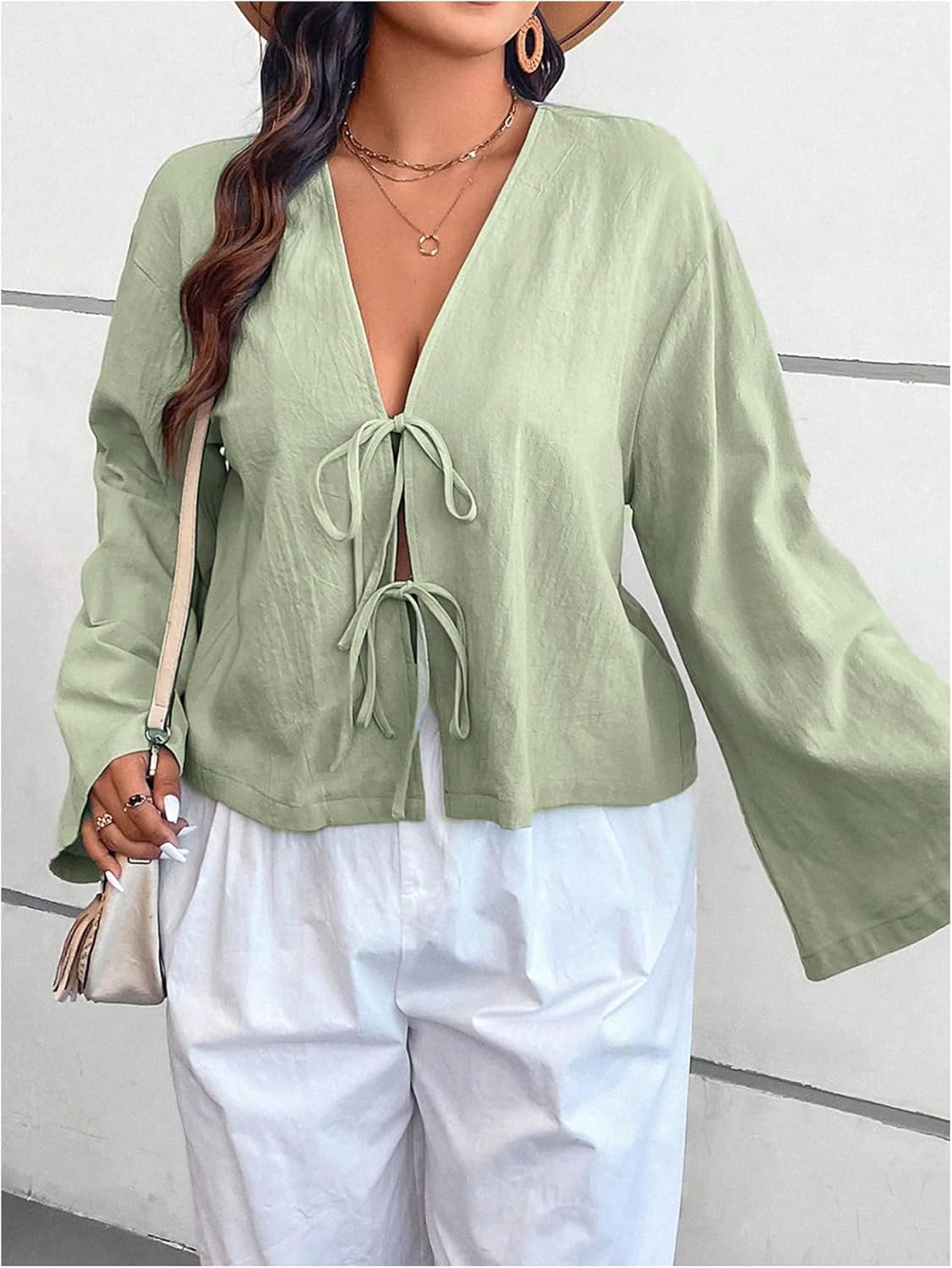 SHENHE Women's Plus Size Bow Tie Front Top V Neck Bell Long Sleeve Going Out Blouse Shirt Top - Image 4