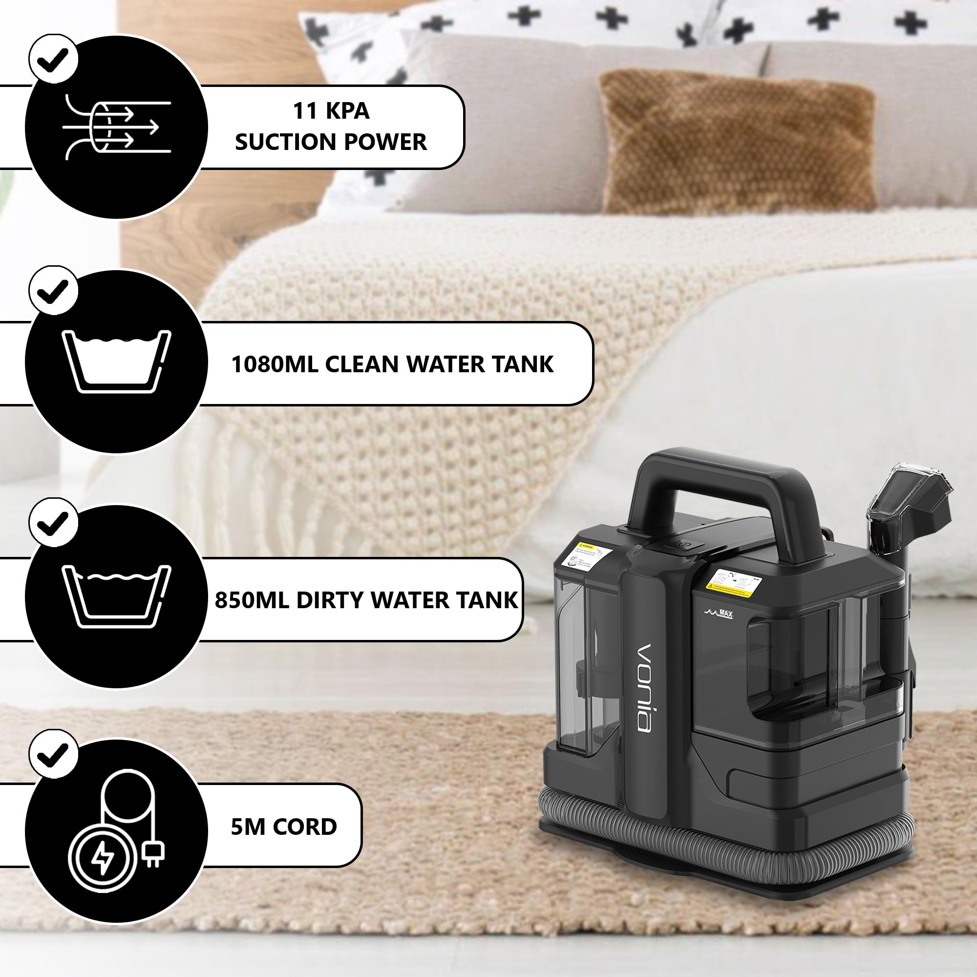 Vonia Machine à Nettoyer les Tapis Portable – Nettoyeur de Tapis Haute Succion 450W | Nettoyeur à Main pour Taches de Canapé, Canapé, Tapis, Sièges de Voiture, Matelas et Nettoyage des Tissus (Noir)