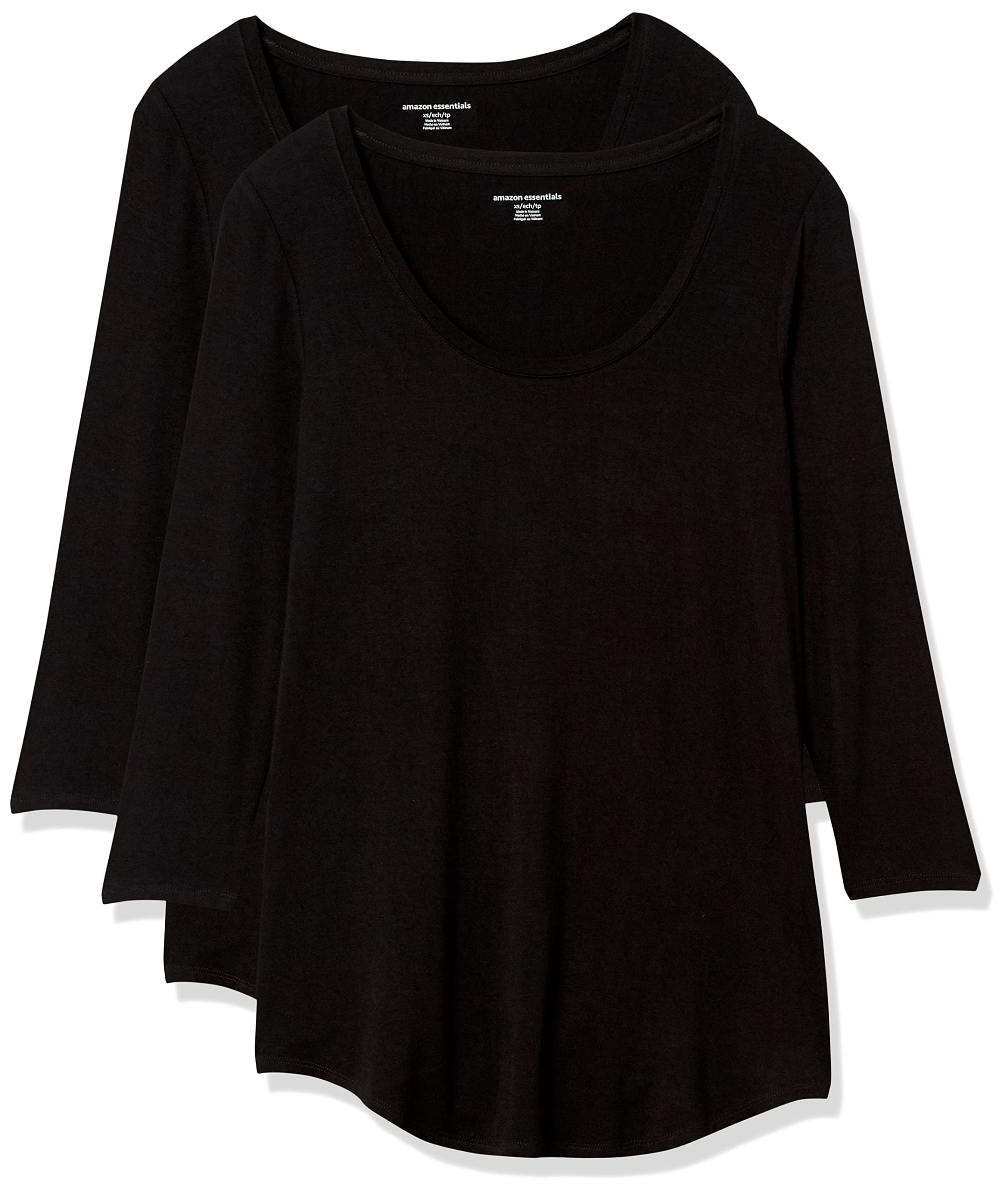 Amazon Essentials Women's 3/4 Sleeve Scoopneck Tunic Top, Pack of 2, Black, Small