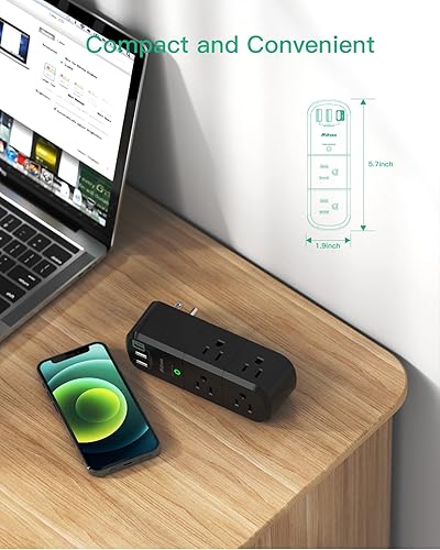 Miniatura 6 de Extensor de salida USB, con enchufe giratorio, 1800 julios, 6 salidas múltiples de CA y 3 puertos USB (1 USB C), regleta giratoria de 3 lados con