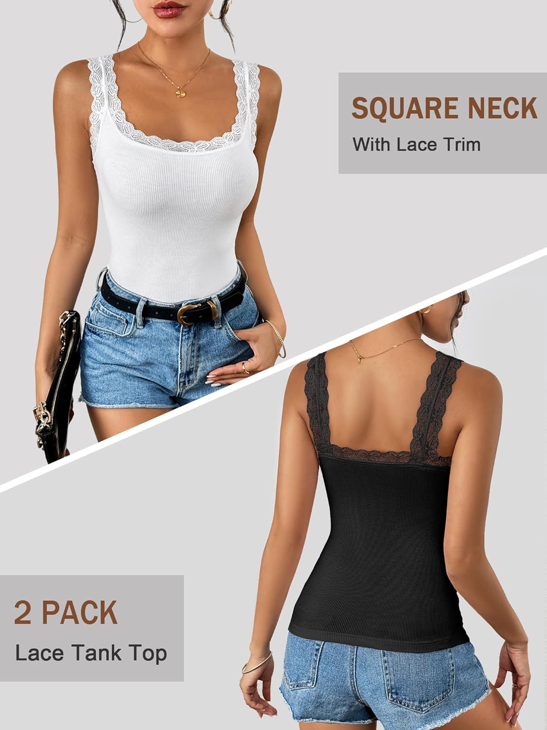 Ibeauti 2 Pack Lace Camisole Tank Tops for Women Sleeveless Summer Going Out Tops Ribbed Cami Undershirts - Image 4