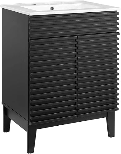 Vista 2 de Modway Render - Mueble de baño de estilo moderno de mediados de siglo con lavabo, color blanco y negro