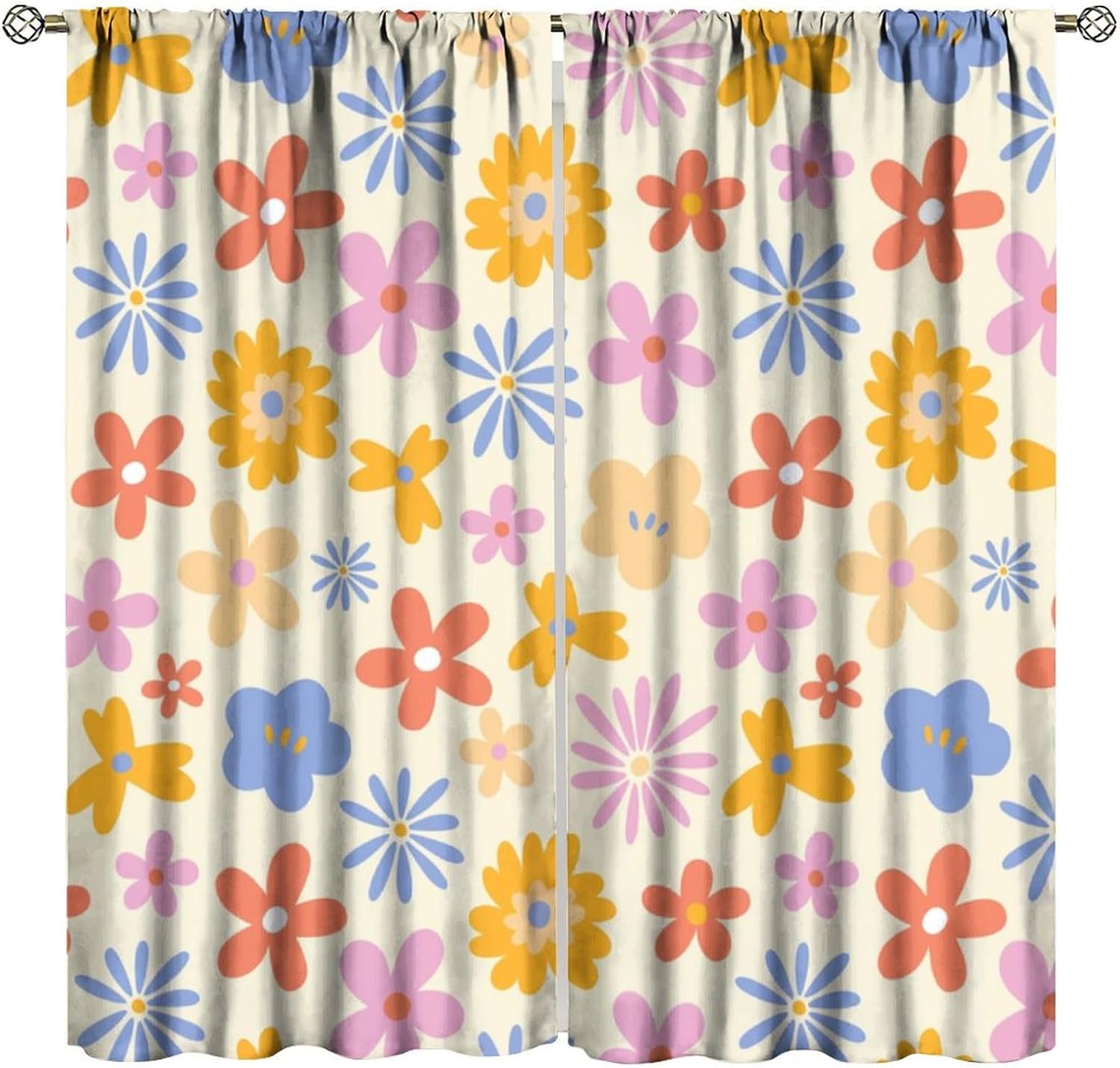 Cute Flower Curtains,Retro 70s Mid Century Vintage Floral Daisy Window Treatments for Kids Bedroom Living Room Kitchen Café Room Darking Window Drapes 2 Panel Set,Total Size 42 x 45 Inch