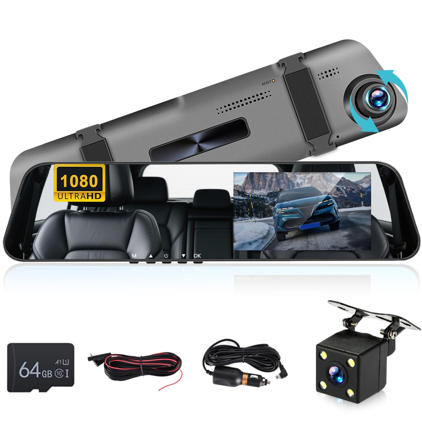 NHOPPEW 1080P Espejo retrovisor Delantero y Trasero - Cámara para salpicadero de 4,5 Pulgadas con grabación en Bucle, visión Nocturna, detección de Movimiento + cámara de Marcha atrás