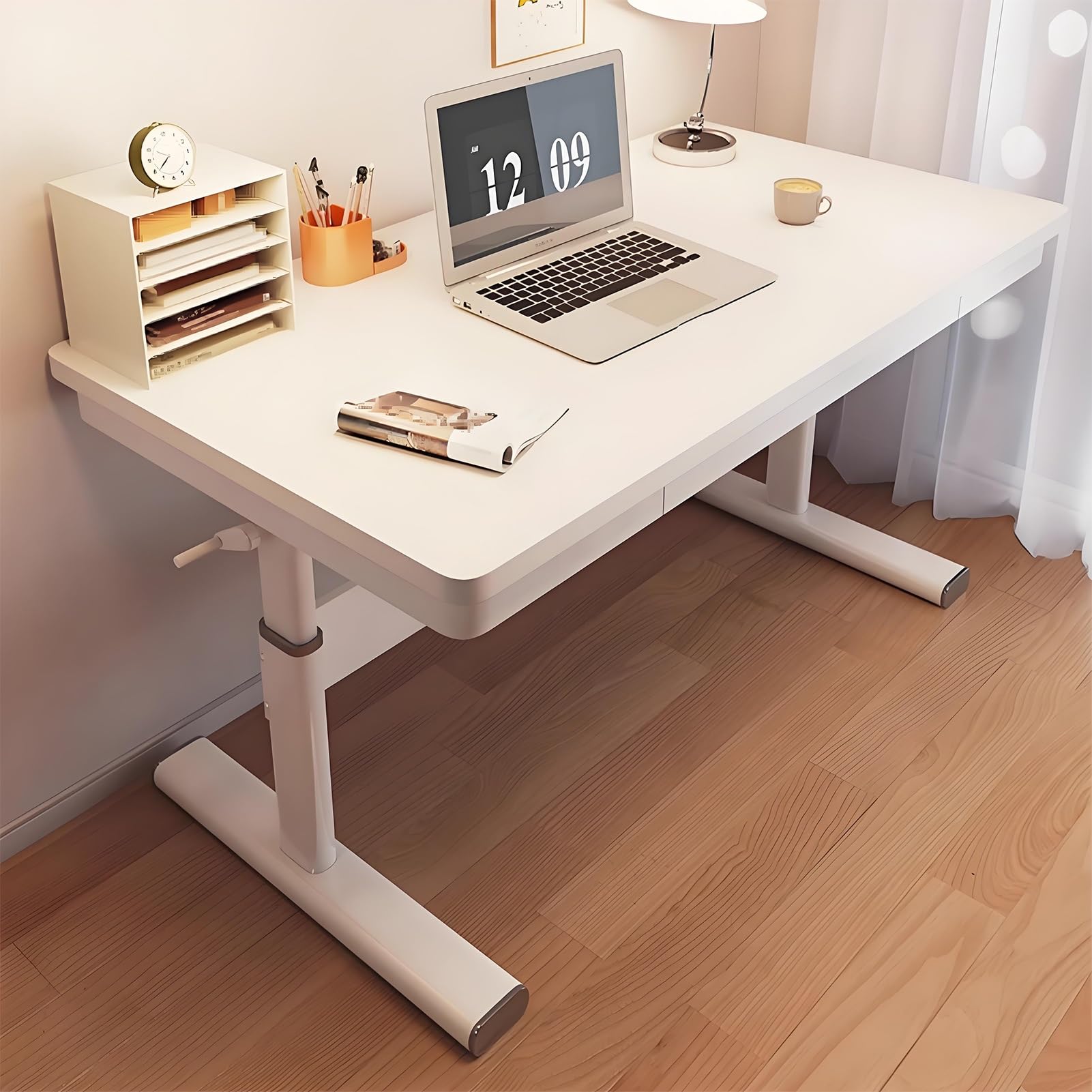 MYUYEE Height Adjustable Manual Standing Desk With Drawers - White Steel Frame Desk - Study Desk - Computer Standing Desk With Adjustable Feet (120X60Cm)