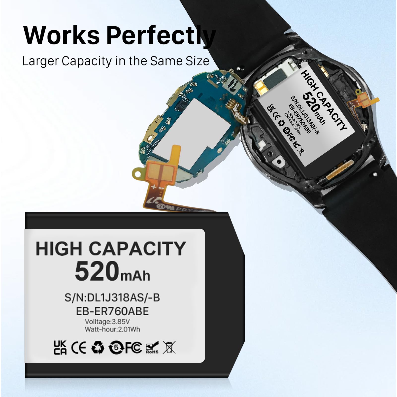 [520mAh] Batterie pour Samsung Gear S3 Classic, Gear S3 Frontier, SM-R760 SM-R765 SM-R770 EB-BR760ABE, Haute Capacité Remplacement Batterie avec Outils de réparation