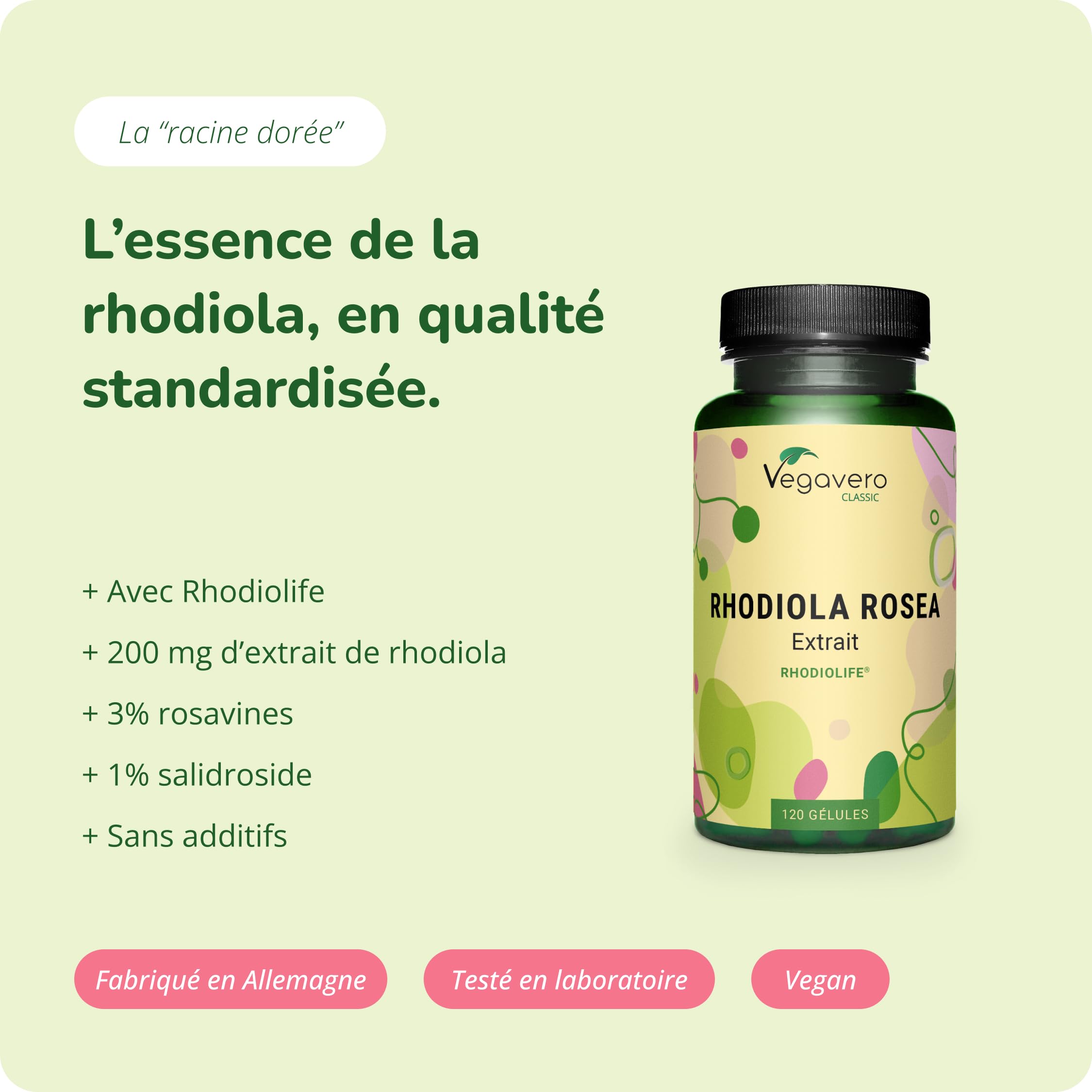Rhodiola Rosea Vegavero® | 1200 mg (Extrait 6:1) | 120 Gélules (4 MOIS) | Anti Stress + Fatigue + Mémoire | RHODIOLIFE® | 3% Rosavine + 1% Salidroside | SANS ADDITIFS et VEGAN