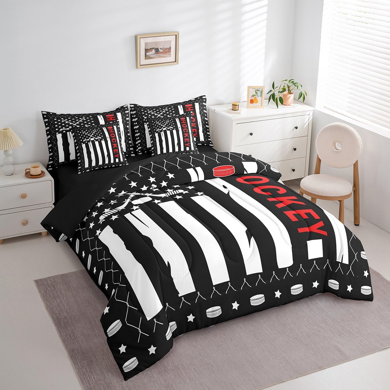 Erosebridal Ice Hockey Twin Comforter Set 7 Piece,Black and White American Flag Bedding Set with Sheets,Vintage Sports Bedroom Decor Ice Hockey Puck Theme Bed in a Bag with Pillow Cases & Covers
