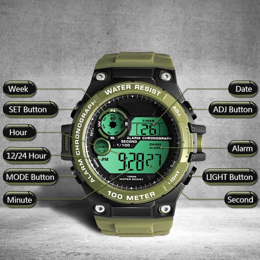 Digital Swimming Diving Watch 10 ATM Waterproof Rugged Watch for Men Boys with Stopwatch, Chronograph, Alarm, Dual Time Zone, 12/24 Hours Format