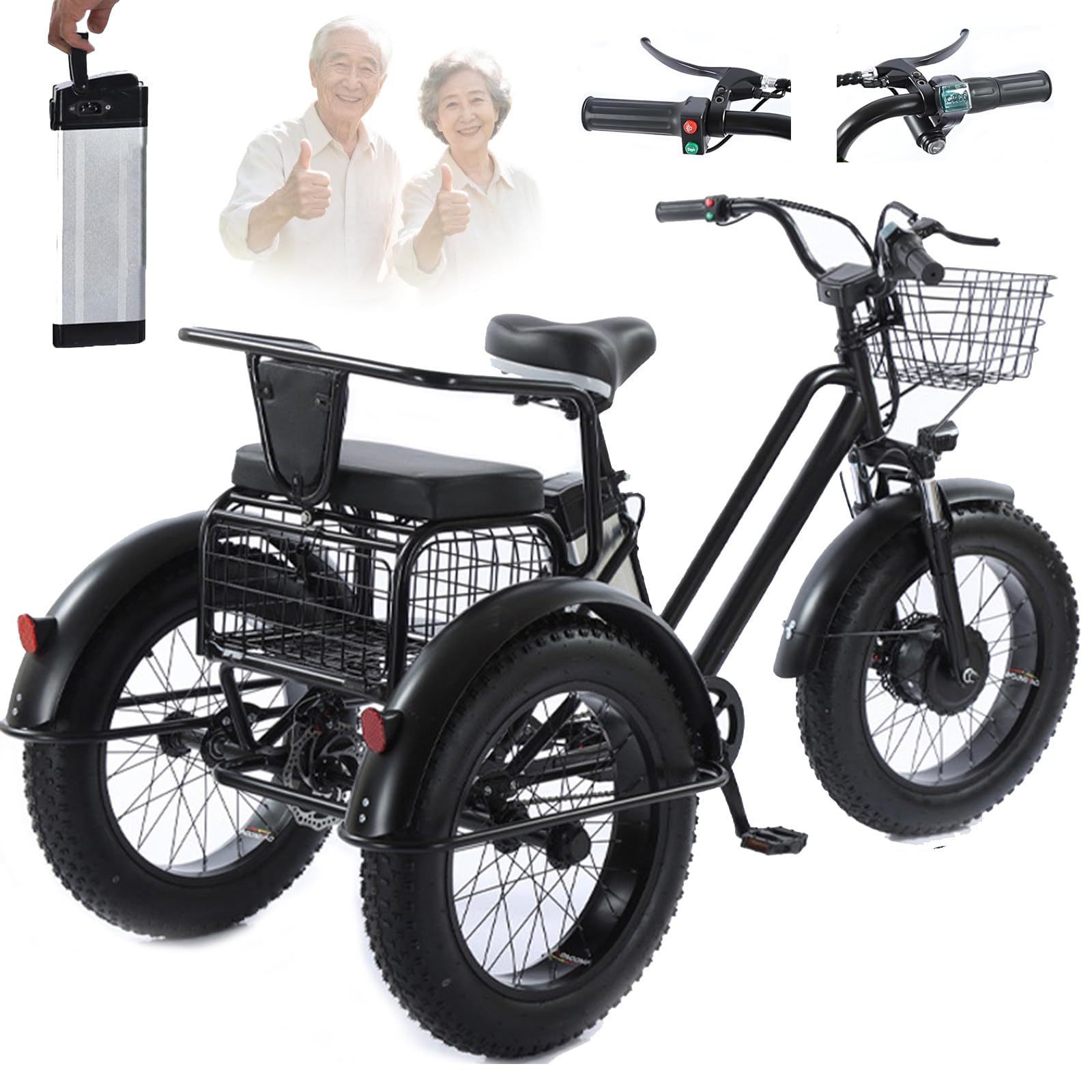 Triciclo Eléctrico Para Adultos,Con Neumáticos Anchos Todoterreno De 20" X 4.0,Cesta De La Compra Y Asiento Trasero,Batería Extraíble De 48v/12ah,Carga 200 Kg,Ideal Para Ir De Compras, Pícnics