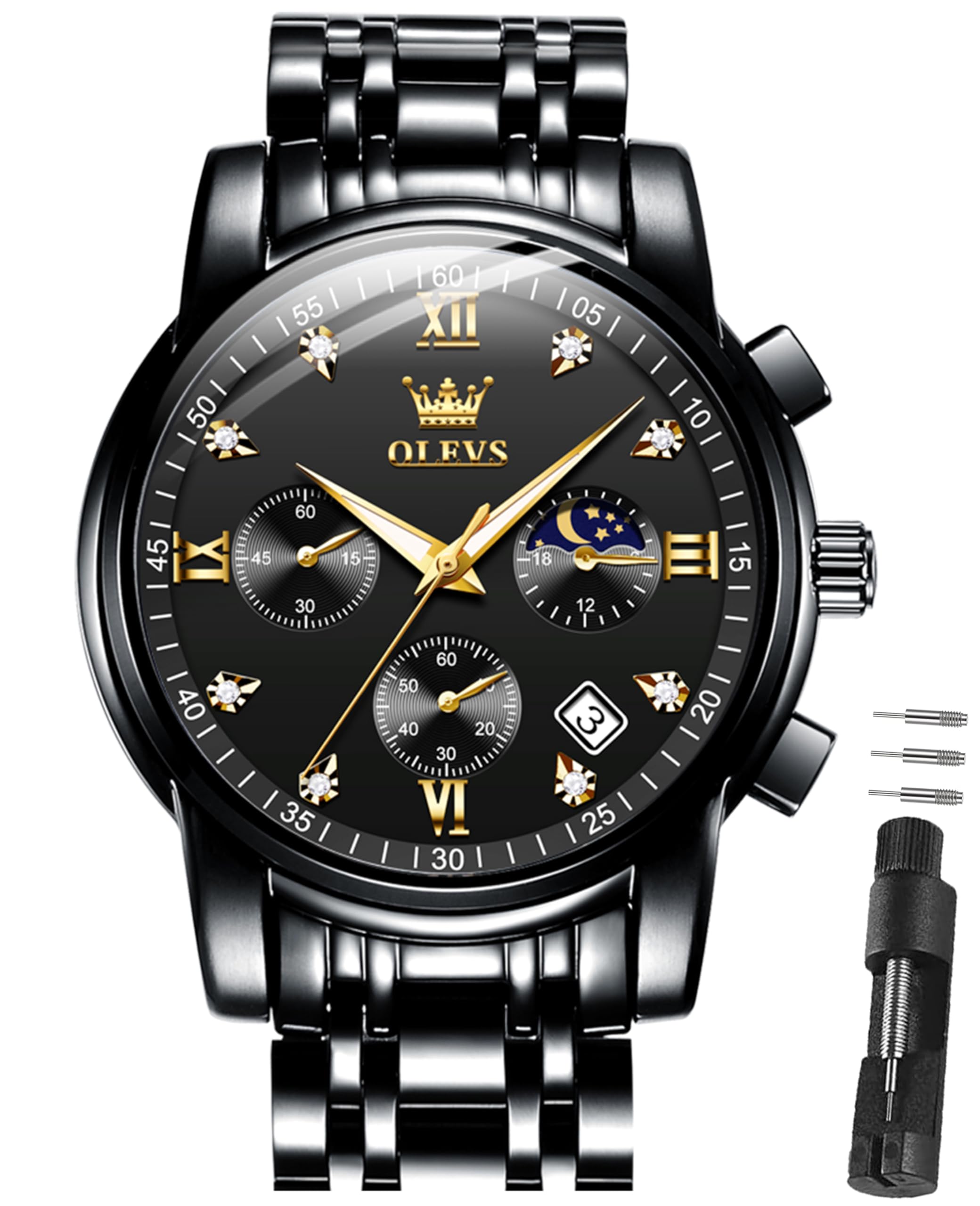 OLEVS Armbanduhr Herren Quarz Luxus Edelstahl Business Herrenuhr Chronograph 3Bar Wasserdicht Uhren Herren 42mm Zifferblatt mit Mondphase Datum Leuchtzeiger klassisch schlicht Geschenk für Männer