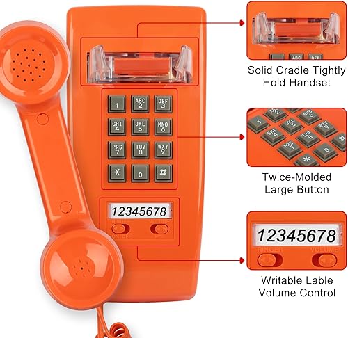 Miniatura 3 de Sangyn Teléfonos de pared retro para teléfono fijo con timbre mecánico fuerte, teléfono vintage de montaje en pared con volumen ajustable a la