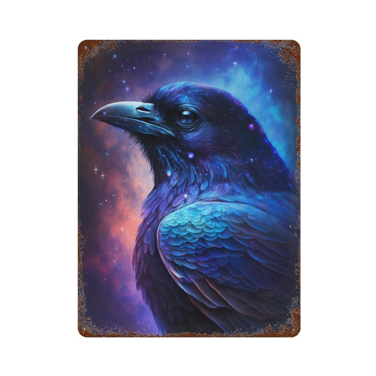 Aged Metal Wall Plaque with Cosmic Raven Art Print-11 Design 15.7"x11.8", for Farmhouse, Kitchen And Entryway Decor, Old School Wall Decor
