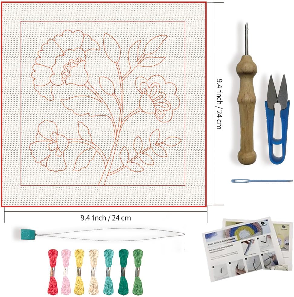 FREEBLOSS DIY Flowers Punch Needle Kit for Beginners Embroidery Punch Needle Starter Craft Set with Instructions Frame Embroidery Kit for Adults Gift Decoration,9.4x9.4inch