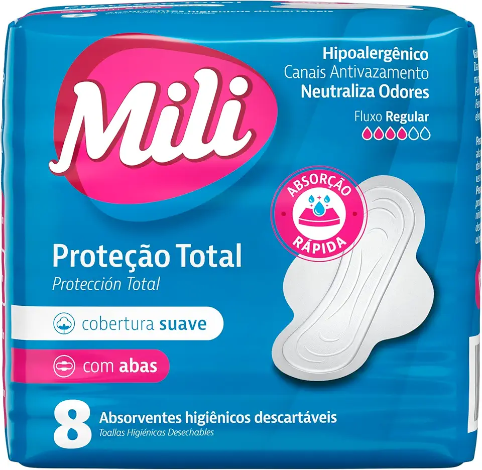 Mili Absorvente Externo com Abas Cobertura Suave, Fluxo Regular, 8 Unidades
