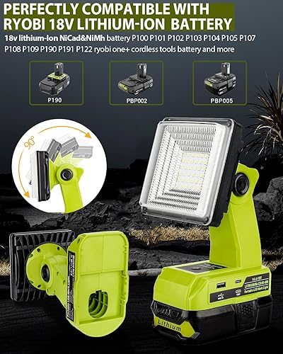 Miniatura 2 de Luz de trabajo LED inalámbrica para batería Ryobi de 18 V, reflector LED de 25 W con puertos de carga rápida USB-A y USB-C 2.1A para lugar de