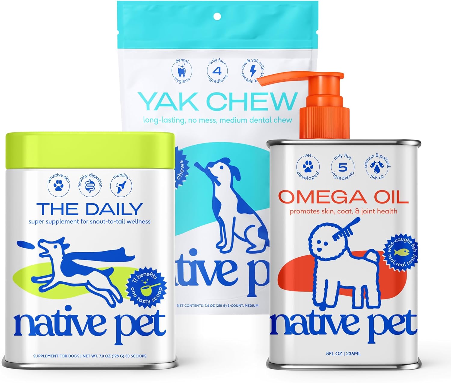 Native Pet Health & Wellness Bundle – 3 Medium Yak Chews for Dental Health, 7 Oz. Daily Multivitamins for Immunity & 8 Oz. Omega-3 Fish Oil for Coat & Heart Support