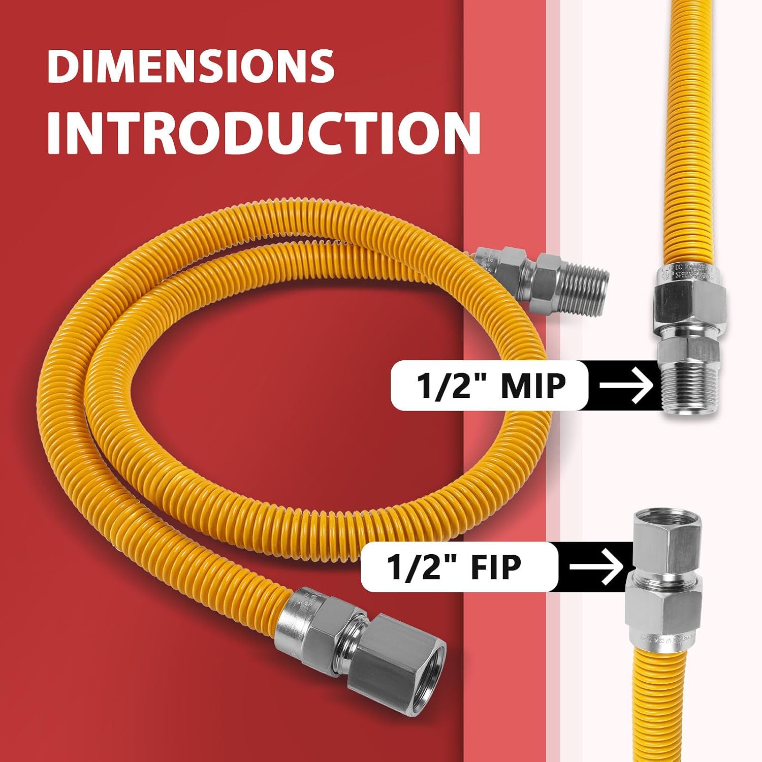 Efield 72-Inch Flexible Gas Line Connector, 1/2" MIP x 1/2" FIP Brass Adapter, Stainless Steel Gas Hose, Yellow,(HOSE076)