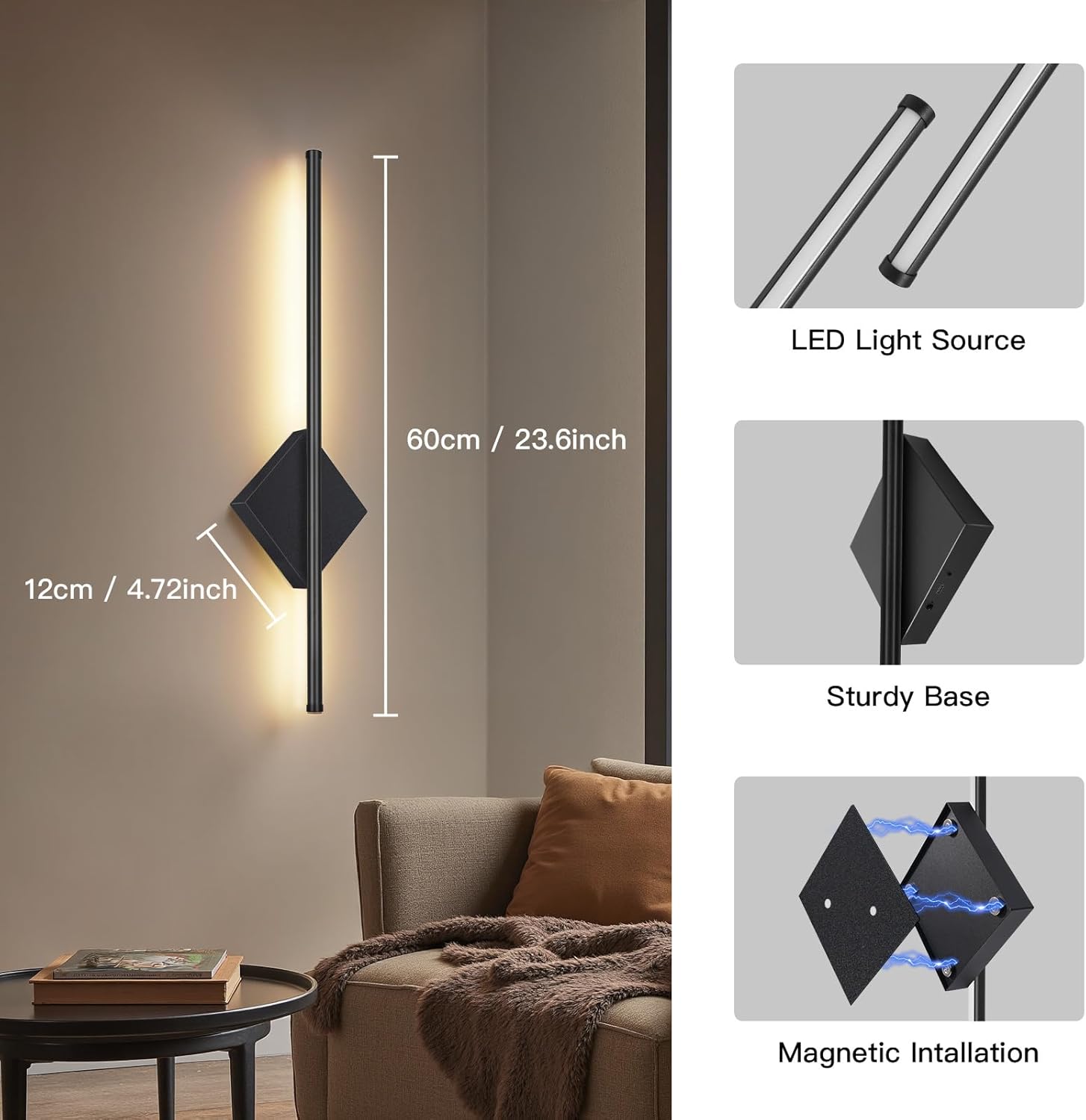 Battery Operated Wall Sconces Set of Two Wireless Rechargeable Light with Remote - Black Wall Lamp Dimmable Modern Sconces Home Decor for Bedroom Living Room Hallway Timing 23.6 Inch