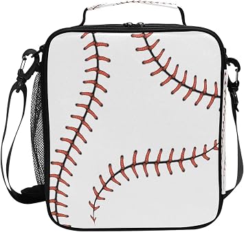 AUUXVA White Baseball Stitches Kids Lunch Bags for Girls Boys Red Softball Insulated Lunch Box Thermal Lunchbox Tote Bag with Adjustable Strap Leakproof Durable Lunch Cooler for Children Women School