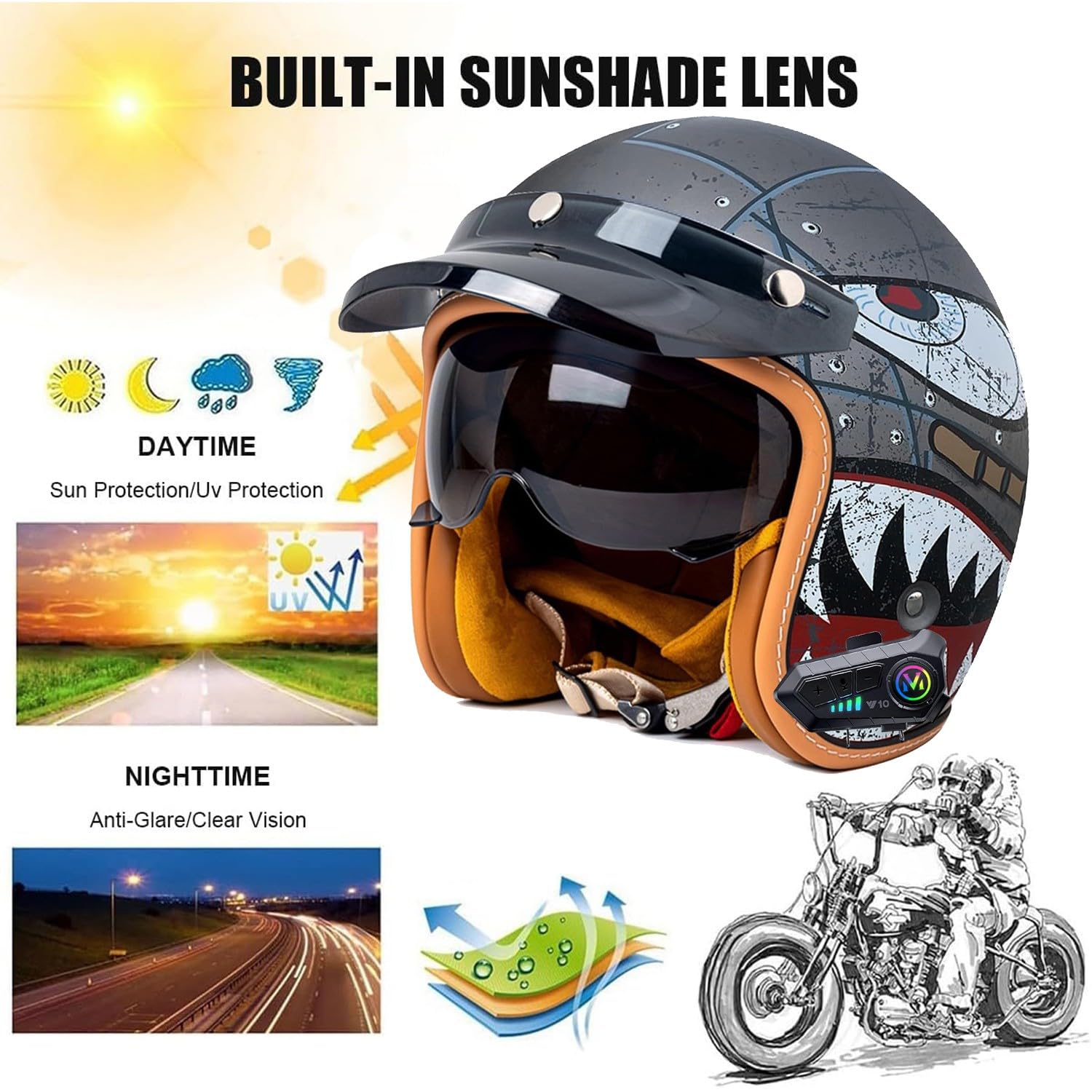Casque Jet Vintage 3/4 avec Bluetooth et Visière, Casque de Moto Ouvert, Approuvé ECE et Dot, Unisexe Compatible avec Scooter, Cruiser et Vélo
