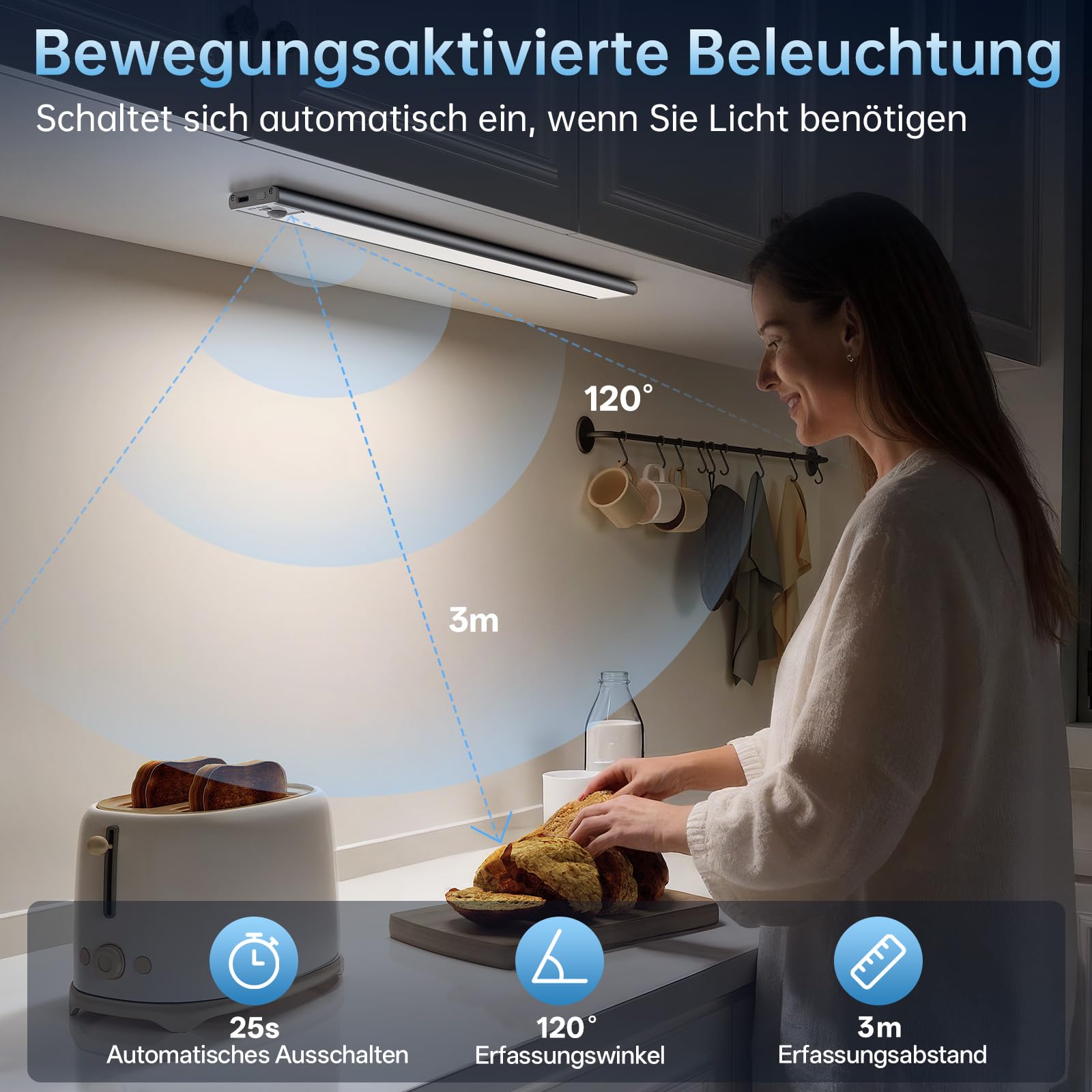 Unterbauleuchte Küche LED, 40 cm Bewegungsmelder Licht, 5 Stück | 2200mAh, 74LEDs, USB-Ladung,3 Farbtemperaturen & 5 dimmbare Helligkeit,Magnetsaugeinstallation,für Kleiderschrank, Küche