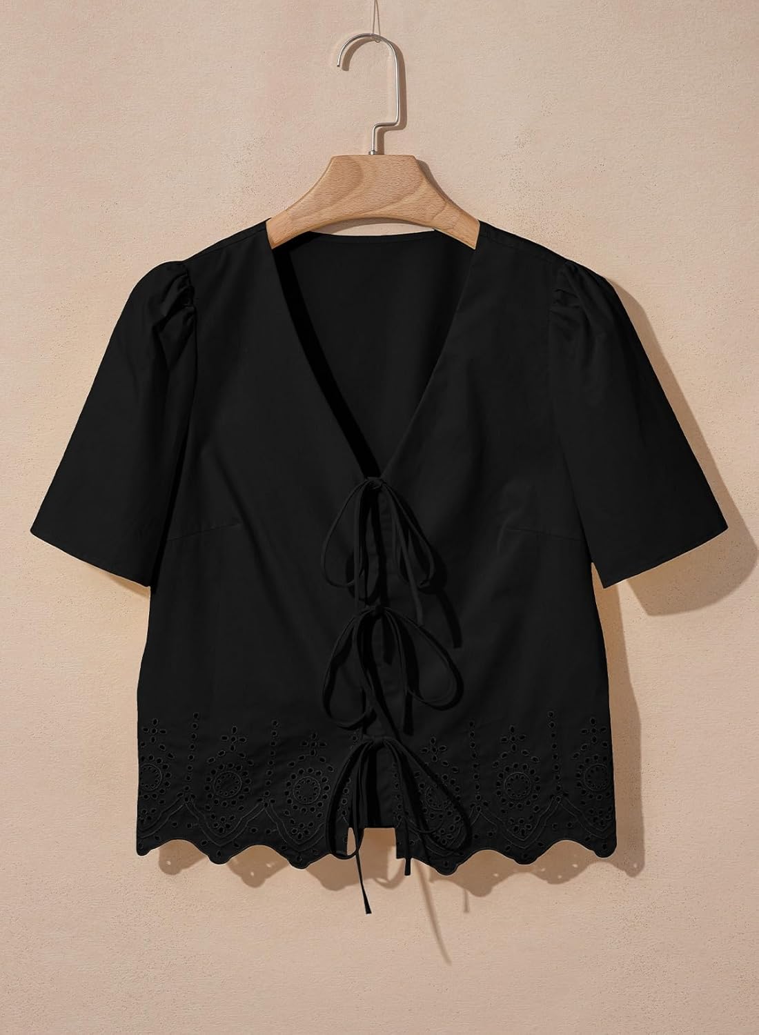 Dokotoo Womens Tie Front Tops Summer V-Neck Puff Short Sleeve Crop Tops Loose Fit Blouses Eyelet Embroidered Shirts - Image 3