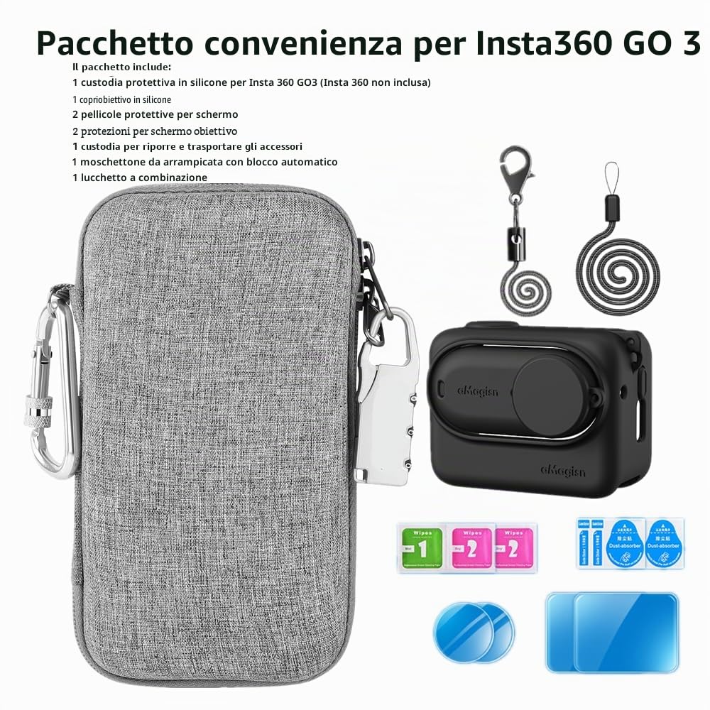 Kit di accessori compatibile con Insta360 GO 3S [custodia in silicone per fotocamera e copriobiettivo][2 pellicole protettive per lo schermo][borsa da trasporto con moschettone autobloccante