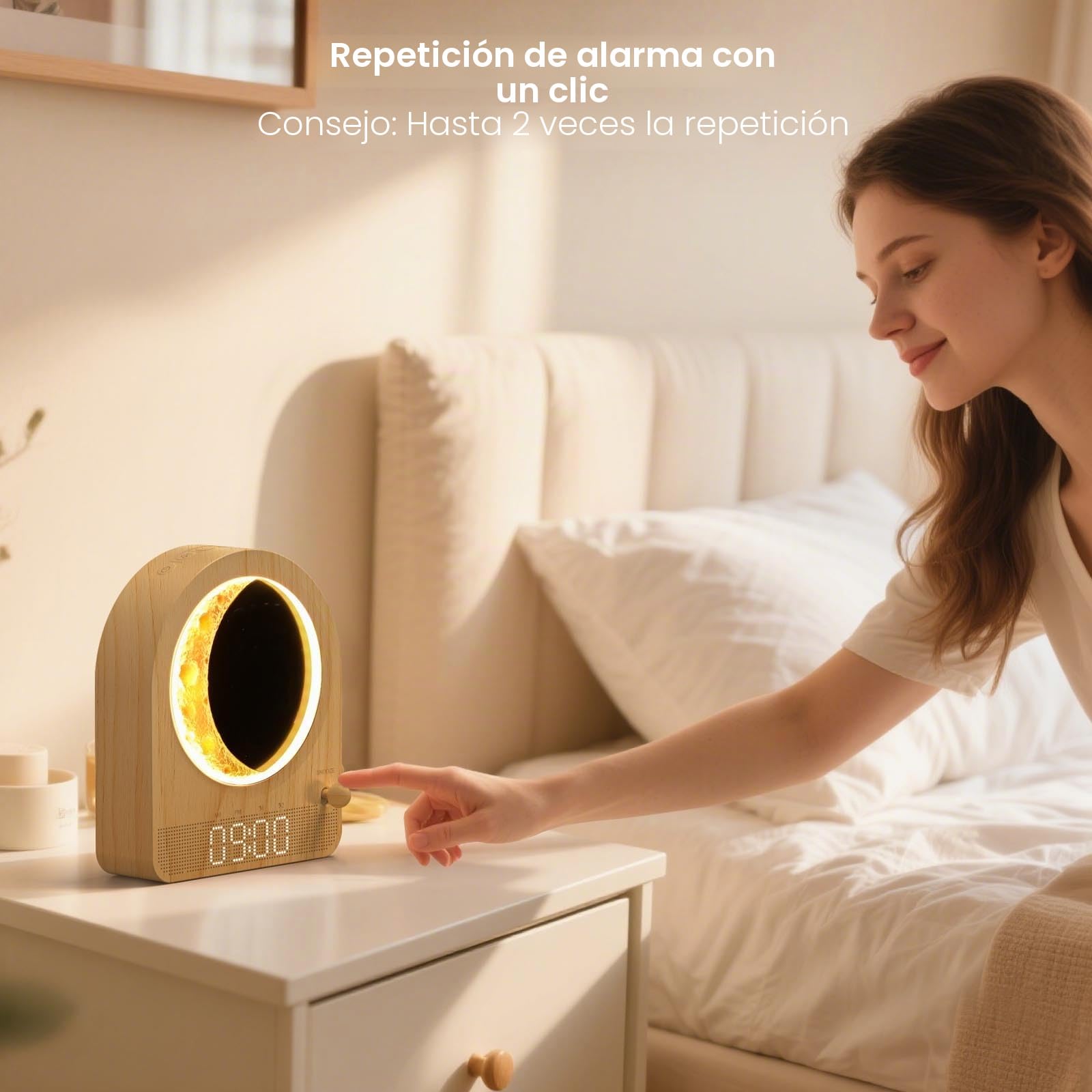 Despertador Sunrise Light, despertador de habitación con ruido blanco y luz lunar, 10 melodías, función de cuenta atrás y brillo ajustable - Madera